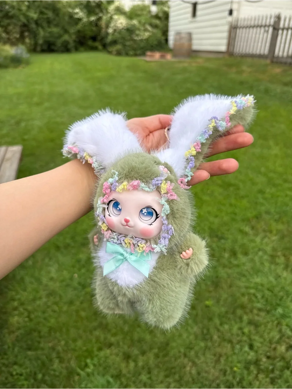 Adorable Kiwi Green BabyThree Plushie Bunny Keychain-Faux Fur with Floral Trim